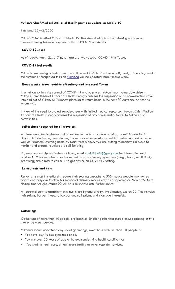 Updates from Yukon's Chief Medical Officer of Health